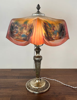 Anitque Circa 1920 Pittsburgh Reverse Painted Drape Linenfold Shade with Floral Courting Scene