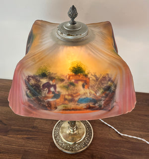 Anitque Circa 1920 Pittsburgh Reverse Painted Drape Linenfold Shade with Floral Courting Scene