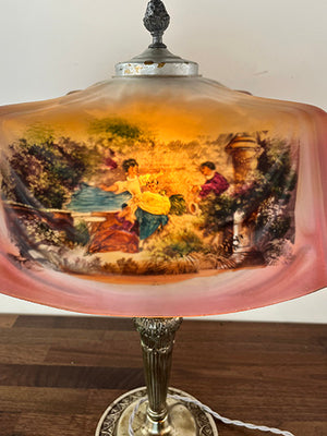 Anitque Circa 1920 Pittsburgh Reverse Painted Drape Linenfold Shade with Floral Courting Scene