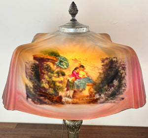 Anitque Circa 1920 Pittsburgh Reverse Painted Drape Linenfold Shade with Floral Courting Scene