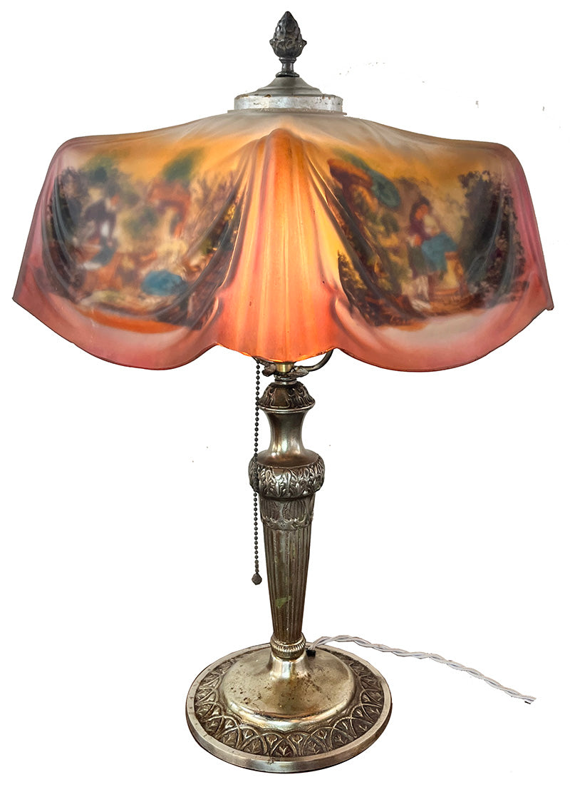 Anitque Circa 1920 Pittsburgh Reverse Painted Drape Linenfold Shade with Floral Courting Scene