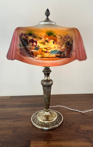 Anitque Circa 1920 Pittsburgh Reverse Painted Drape Linenfold Shade with Floral Courting Scene