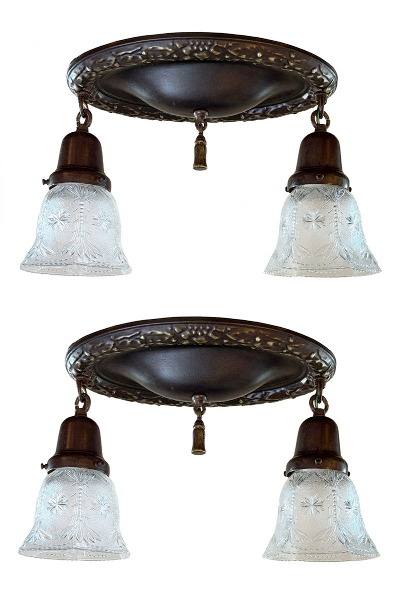 $1000 PAIR - Antique Circa 1915 Two Light Embossed Oval Flush Mounts with Wreath Border and Antique Pressed Glass Shades