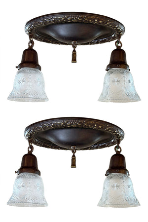 $1000 PAIR - Antique Circa 1915 Two Light Embossed Oval Flush Mounts with Wreath Border and Antique Pressed Glass Shades