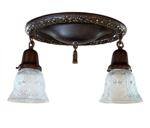 $1000 PAIR - Antique Circa 1915 Two Light Embossed Oval Flush Mounts with Wreath Border and Antique Pressed Glass Shades