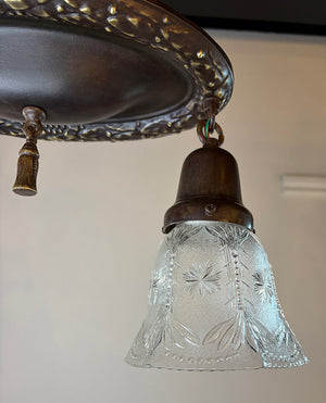 $1000 PAIR - Antique Circa 1915 Two Light Embossed Oval Flush Mounts with Wreath Border and Antique Pressed Glass Shades