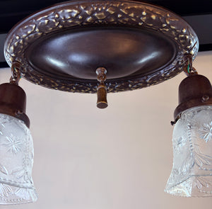 $1000 PAIR - Antique Circa 1915 Two Light Embossed Oval Flush Mounts with Wreath Border and Antique Pressed Glass Shades