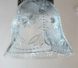 $1000 PAIR - Antique Circa 1915 Two Light Embossed Oval Flush Mounts with Wreath Border and Antique Pressed Glass Shades