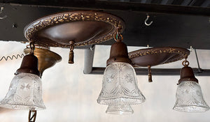 $1000 PAIR - Antique Circa 1915 Two Light Embossed Oval Flush Mounts with Wreath Border and Antique Pressed Glass Shades