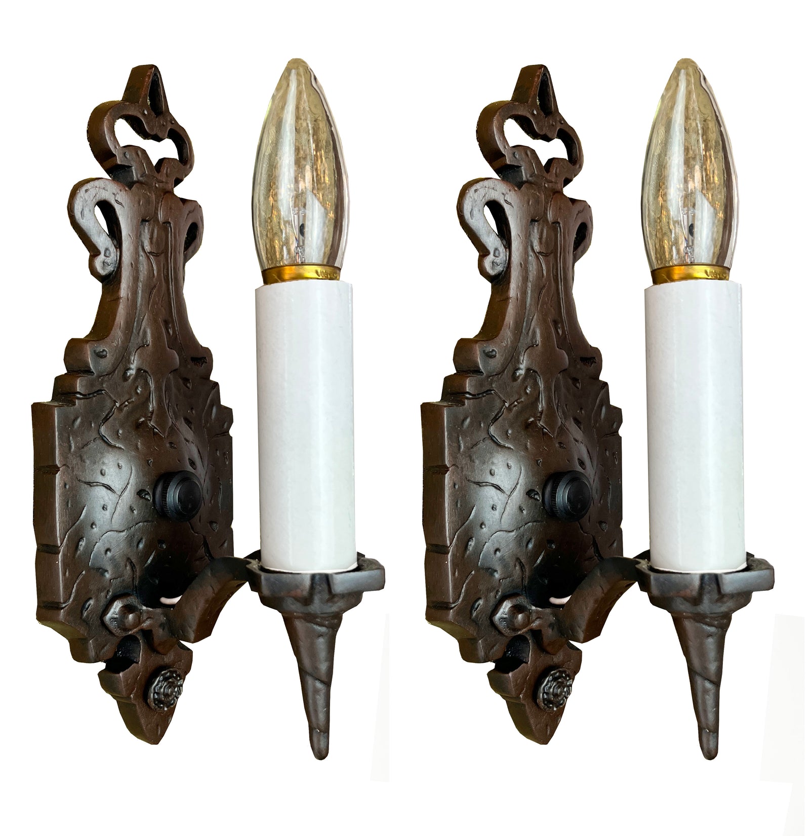 $400 PAIR - Antique Circa 1930 Tudor Revival Faux Hammered Wall Sconces