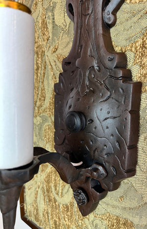 $400 PAIR - Antique Circa 1930 Tudor Revival Faux Hammered Wall Sconces