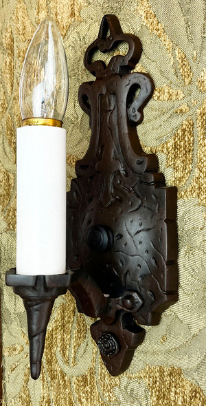 $400 PAIR - Antique Circa 1930 Tudor Revival Faux Hammered Wall Sconces