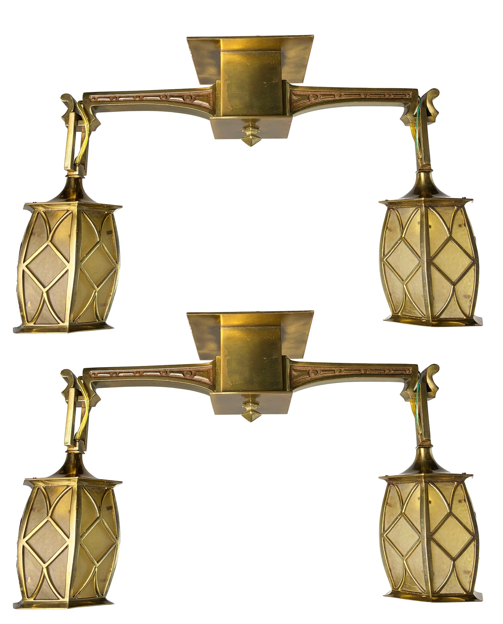 $1900 PAIR - Circa 1905 Cast Brass Arts and Crafts Two Light Flush Mount with Original Curved Glass Lantern Shades