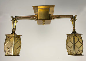 $1900 PAIR - Circa 1905 Cast Brass Arts and Crafts Two Light Flush Mount with Original Curved Glass Lantern Shades