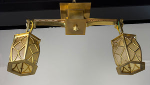 $1900 PAIR - Circa 1905 Cast Brass Arts and Crafts Two Light Flush Mount with Original Curved Glass Lantern Shades