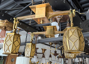 $1900 PAIR - Circa 1905 Cast Brass Arts and Crafts Two Light Flush Mount with Original Curved Glass Lantern Shades