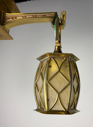 $1900 PAIR - Circa 1905 Cast Brass Arts and Crafts Two Light Flush Mount with Original Curved Glass Lantern Shades