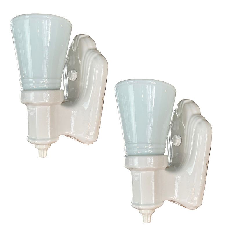 $650 PAIR - Antique Circa 1930 Art Deco Porcelain Wall Sconces with Original Slip in Shades
