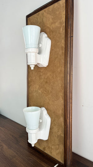$650 PAIR - Antique Circa 1930 Art Deco Porcelain Wall Sconces with Original Slip in Shades