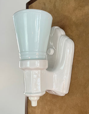 $650 PAIR - Antique Circa 1930 Art Deco Porcelain Wall Sconces with Original Slip in Shades