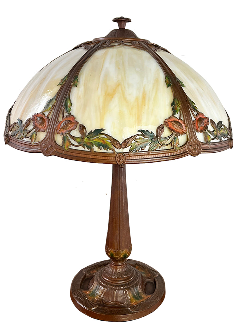 Antique Circa 1920s Signed Rainaud Cold Painted Panel Glass Table Lamp