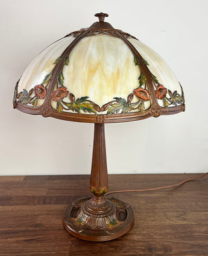 Antique Circa 1920s Signed Rainaud Cold Painted Panel Glass Table Lamp