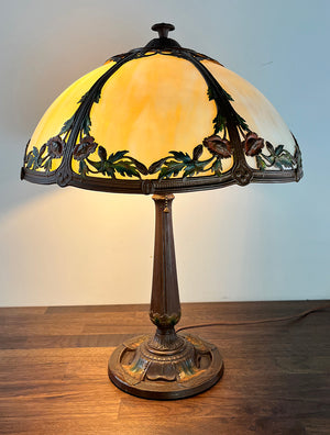 Antique Circa 1920s Signed Rainaud Cold Painted Panel Glass Table Lamp