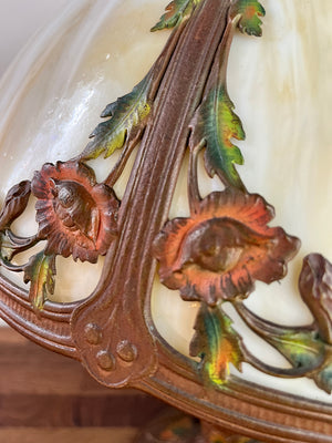 Antique Circa 1920s Signed Rainaud Cold Painted Panel Glass Table Lamp