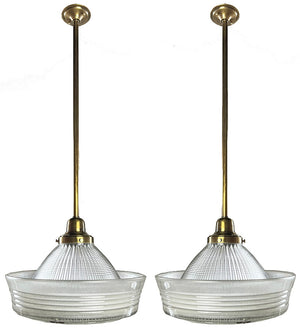 $1500 PAIR - Vintage Industrial 1920s Holophane Sailors Hat Shades on Bespoke Antique Brass Pendants