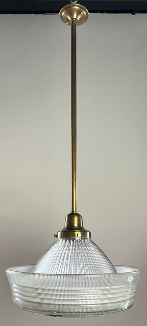 $1500 PAIR - Vintage Industrial 1920s Holophane Sailors Hat Shades on Bespoke Antique Brass Pendants