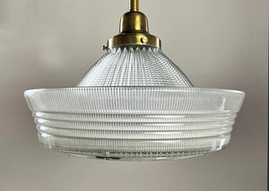 $1500 PAIR - Vintage Industrial 1920s Holophane Sailors Hat Shades on Bespoke Antique Brass Pendants