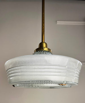 $1500 PAIR - Vintage Industrial 1920s Holophane Sailors Hat Shades on Bespoke Antique Brass Pendants