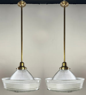 $1500 PAIR - Vintage Industrial 1920s Holophane Sailors Hat Shades on Bespoke Antique Brass Pendants
