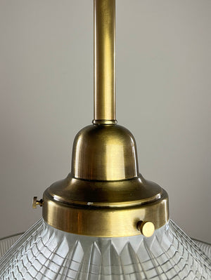 $1500 PAIR - Vintage Industrial 1920s Holophane Sailors Hat Shades on Bespoke Antique Brass Pendants