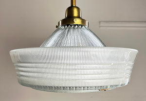 $1500 PAIR - Vintage Industrial 1920s Holophane Sailors Hat Shades on Bespoke Antique Brass Pendants