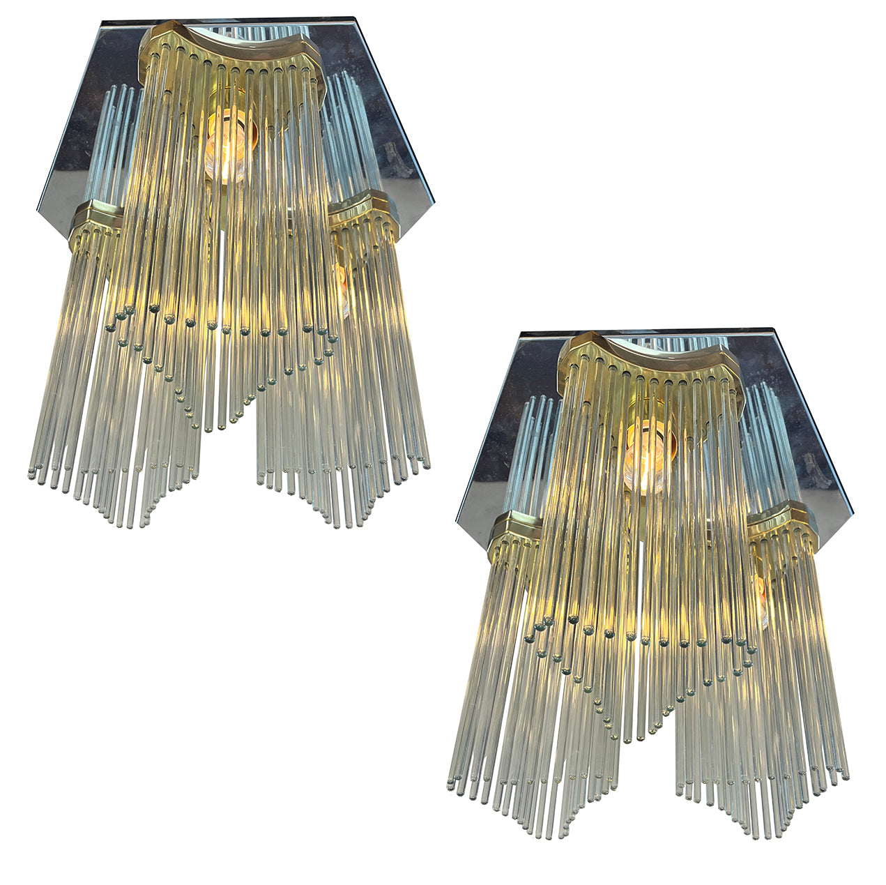 $3000 PAIR - Vintage 1970s Gaetano Sciolari Three Light Flush Mounts with Glass Strands