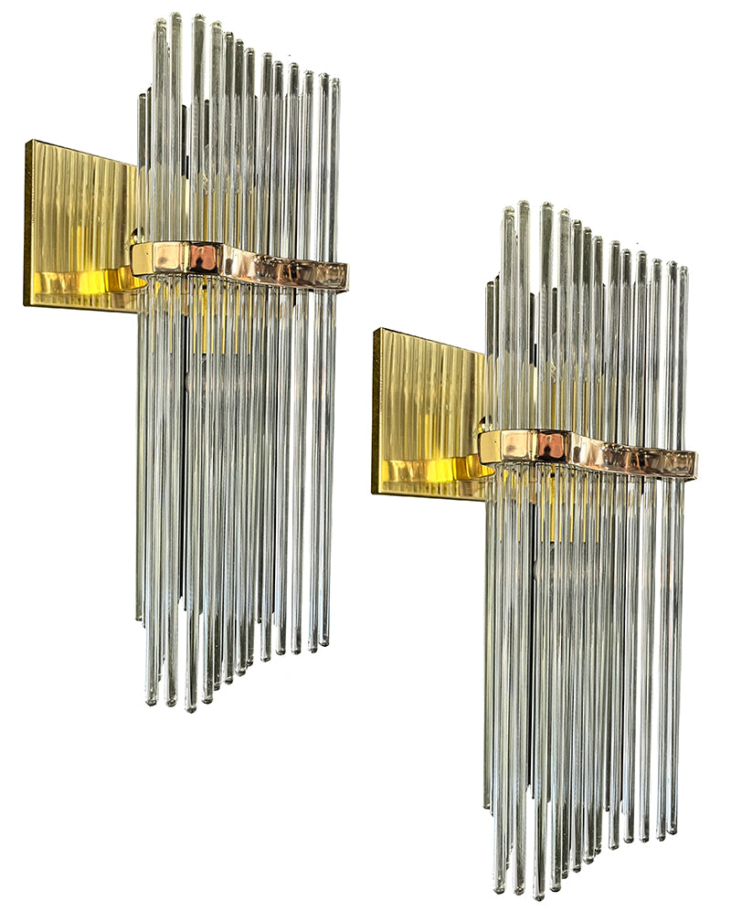 $1800 PAIR - Great Pair of Vintage 1970s Gaetano Sciolari Brass and Glass Rod Wall Sconces