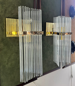 $1800 PAIR - Great Pair of Vintage 1970s Gaetano Sciolari Brass and Glass Rod Wall Sconces