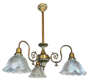 Antique Circa 1910 Sheffield Three Light Downburning Coverted Gas Fixture with Ruffled Holophane Shades