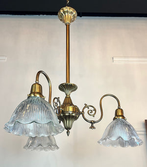 Antique Circa 1910 Sheffield Three Light Downburning Coverted Gas Fixture with Ruffled Holophane Shades