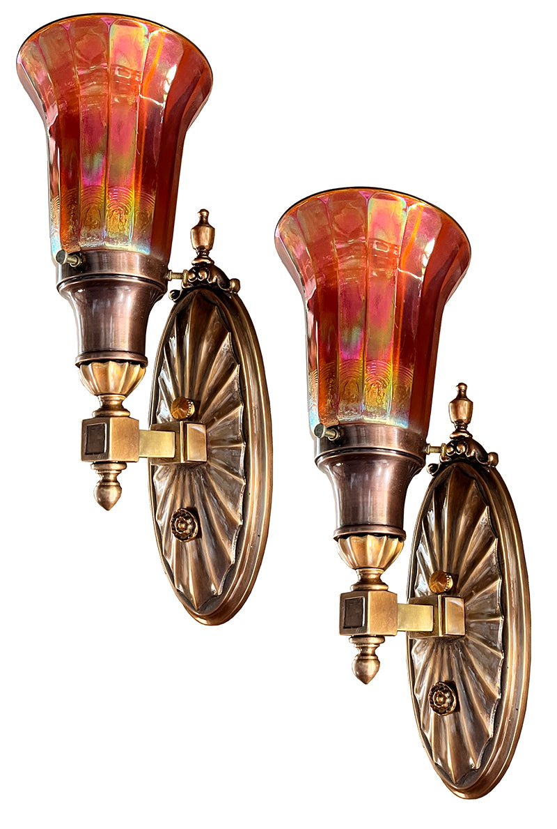 $900 PAIR - Circa 1910 Cast Bronze Edwardian Sconces with Original Iridescent Carnival Glass Shades