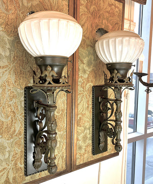 $1800 PAIR - Antique Beaux Arts Circa 1910 Sterling Bronze Co of New York Exterior Wall Sconces with Original Fluted Milk Glass Shades