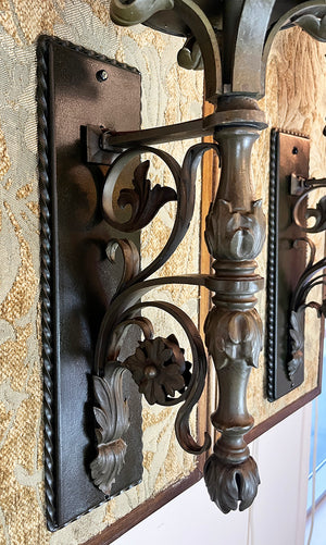 $1800 PAIR - Antique Beaux Arts Circa 1910 Sterling Bronze Co of New York Exterior Wall Sconces with Original Fluted Milk Glass Shades