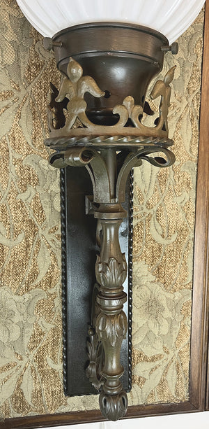 $1800 PAIR - Antique Beaux Arts Circa 1910 Sterling Bronze Co of New York Exterior Wall Sconces with Original Fluted Milk Glass Shades