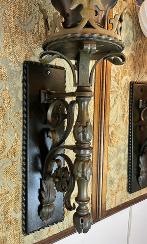 $1800 PAIR - Antique Beaux Arts Circa 1910 Sterling Bronze Co of New York Exterior Wall Sconces with Original Fluted Milk Glass Shades