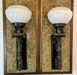$1800 PAIR - Antique Beaux Arts Circa 1910 Sterling Bronze Co of New York Exterior Wall Sconces with Original Fluted Milk Glass Shades