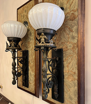$1800 PAIR - Antique Beaux Arts Circa 1910 Sterling Bronze Co of New York Exterior Wall Sconces with Original Fluted Milk Glass Shades