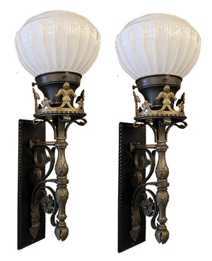 $1800 PAIR - Antique Beaux Arts Circa 1910 Sterling Bronze Co of New York Exterior Wall Sconces with Original Fluted Milk Glass Shades