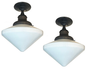 PAIR AVAILABLE - Circa 1930 Streamlined Art Deco Opal Shades with Bespoke Black Patina Holders