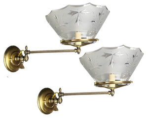 $950 PAIR- Antique Circa 1880s Eastlake Converted Gas Swing Arm Sconces with Greek Key Patterned Arms and Original 5" Wheel Cut Shades